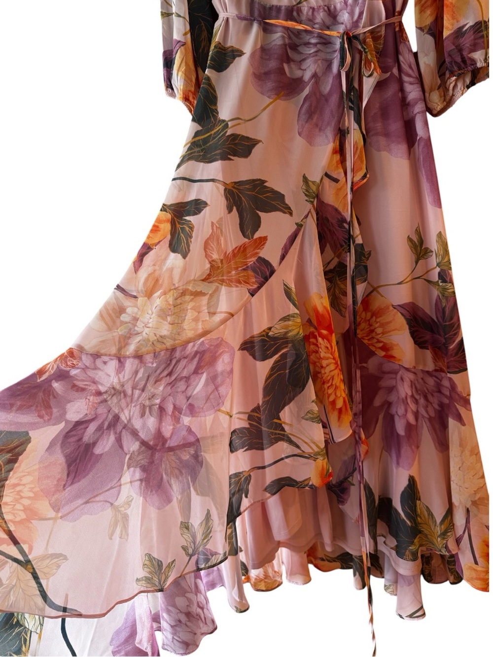ELEGANT FLORAL WRAP MAXI DRESS 3/4 SLEEVE V-NECK TIERED RUFFLE HEM Women’s 16 - Picture 2 of 15